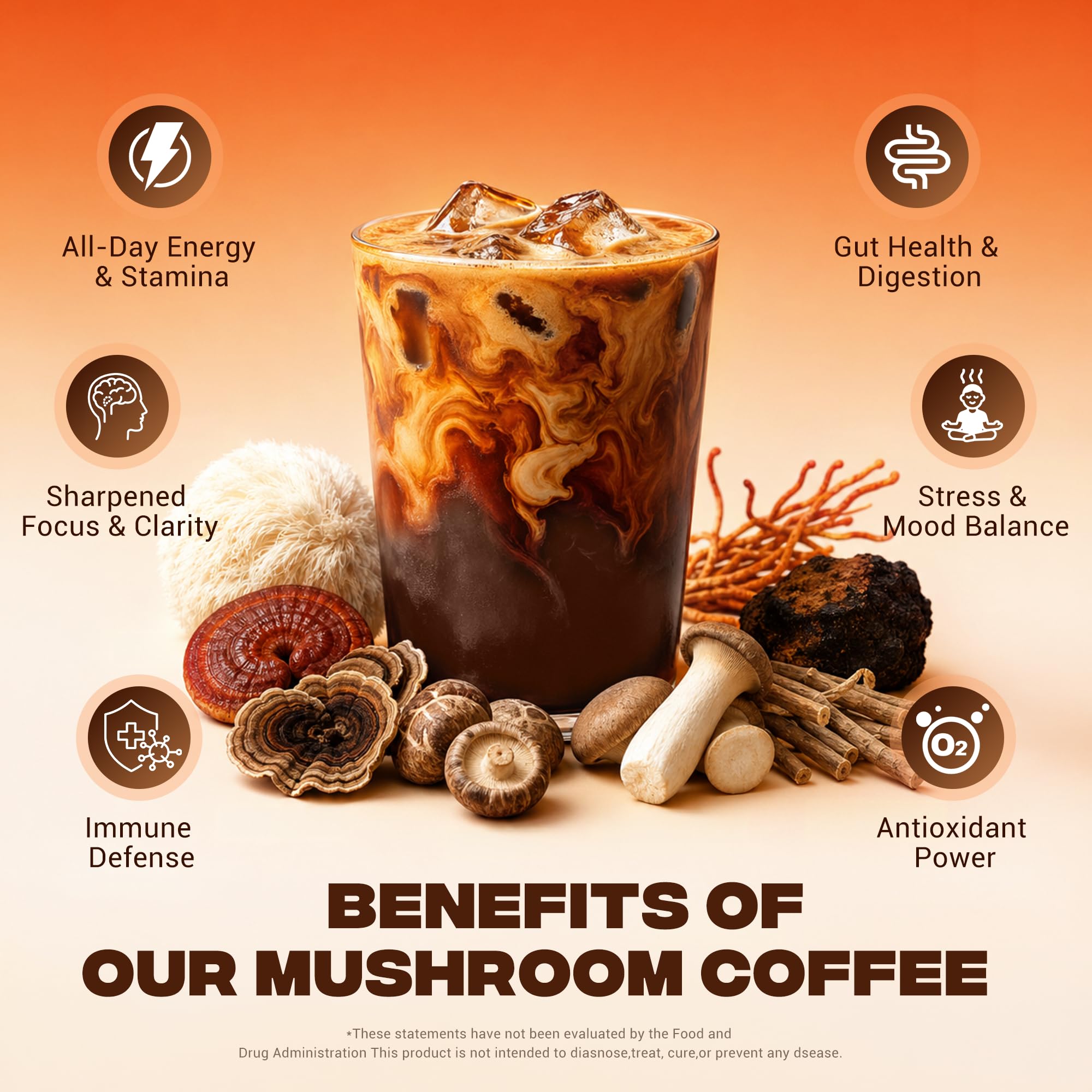 Aroma-Lock freeze-dried process illustrated on Mushroom Coffee sachet