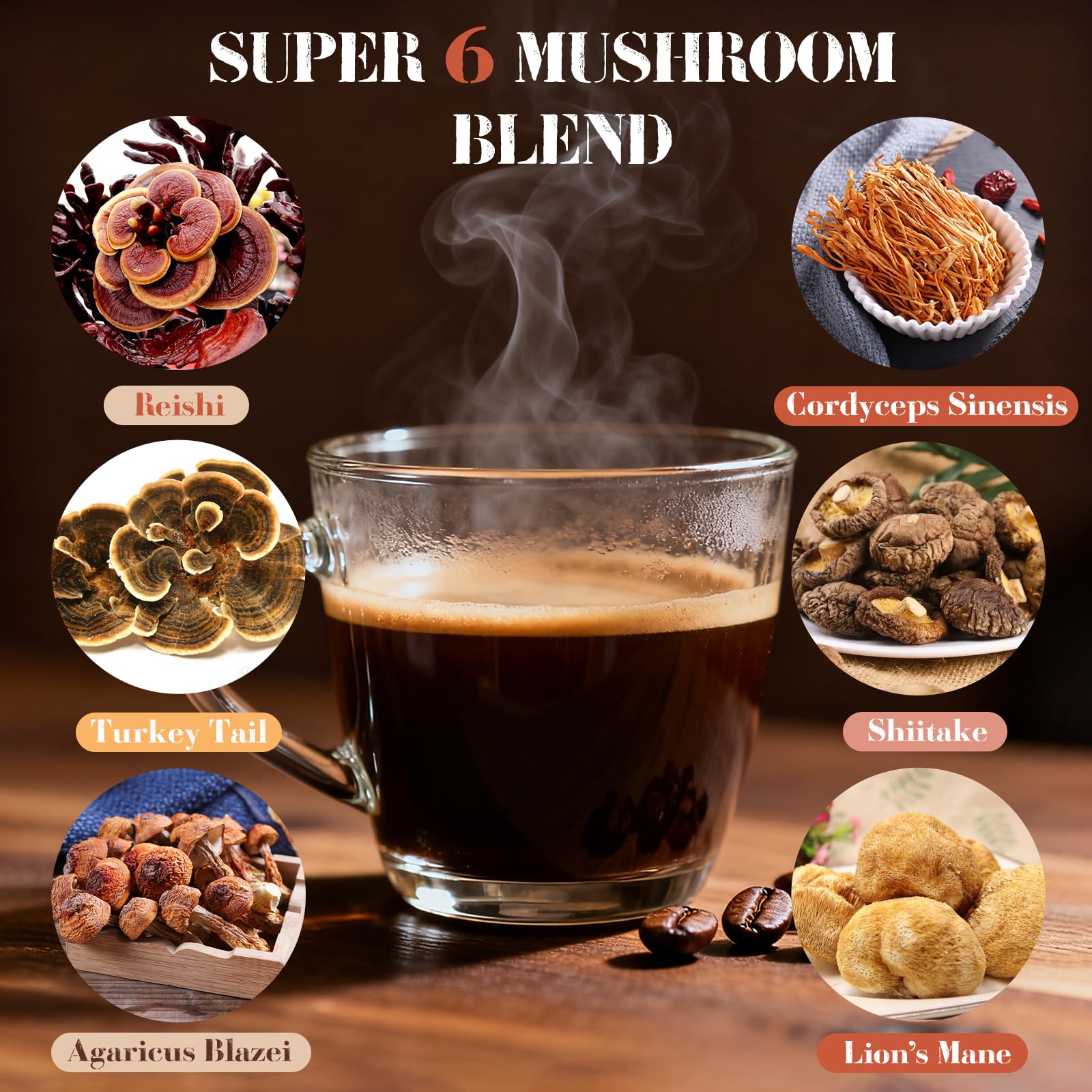Mushroom Coffee Lion’s Mane Reishi Cordyceps Shiitake Turkey Tail