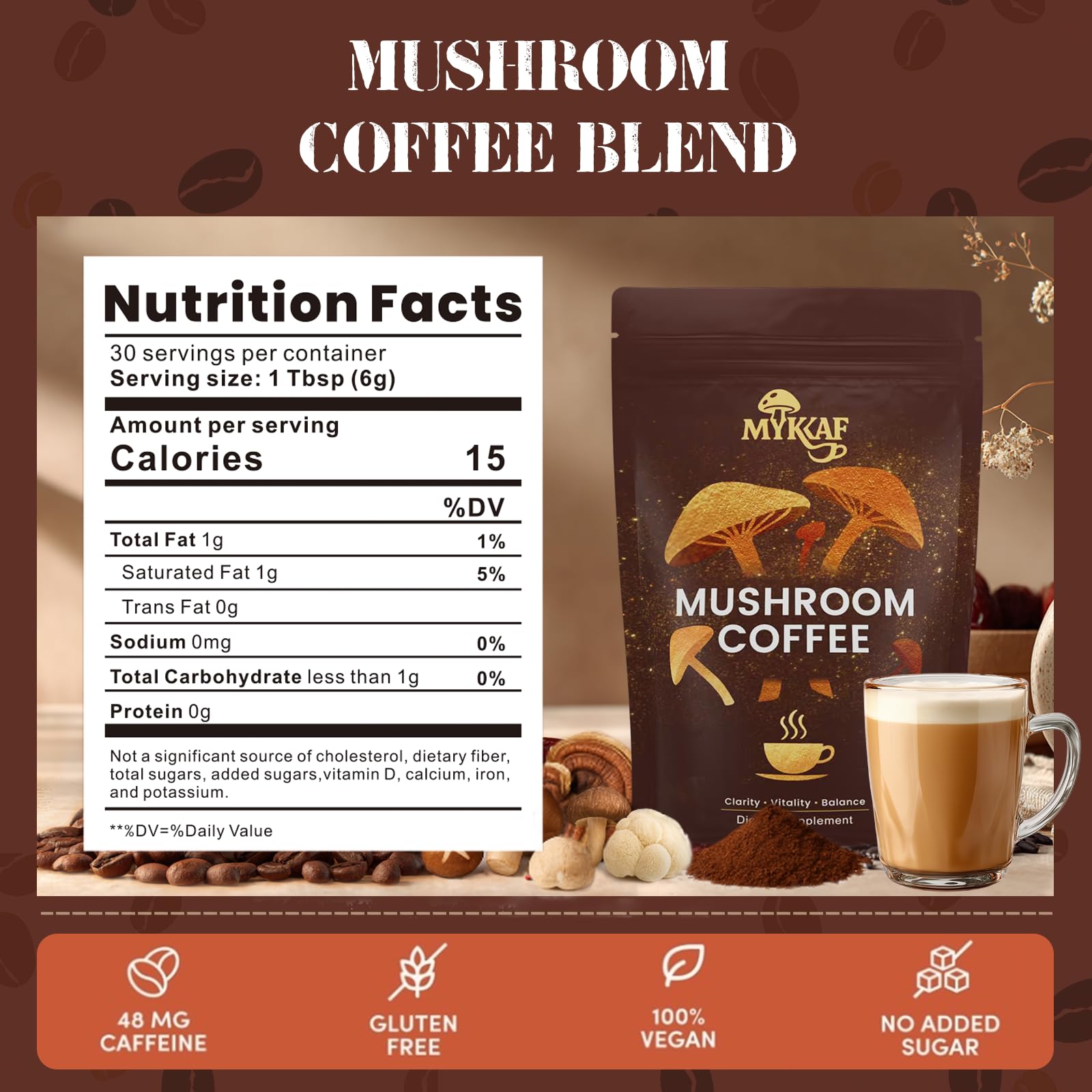 Mushroom Coffee blend with Arabica beans and coconut milk