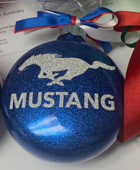 Mustang glass ornament with pony accents and silver glitter lettering and ribbon