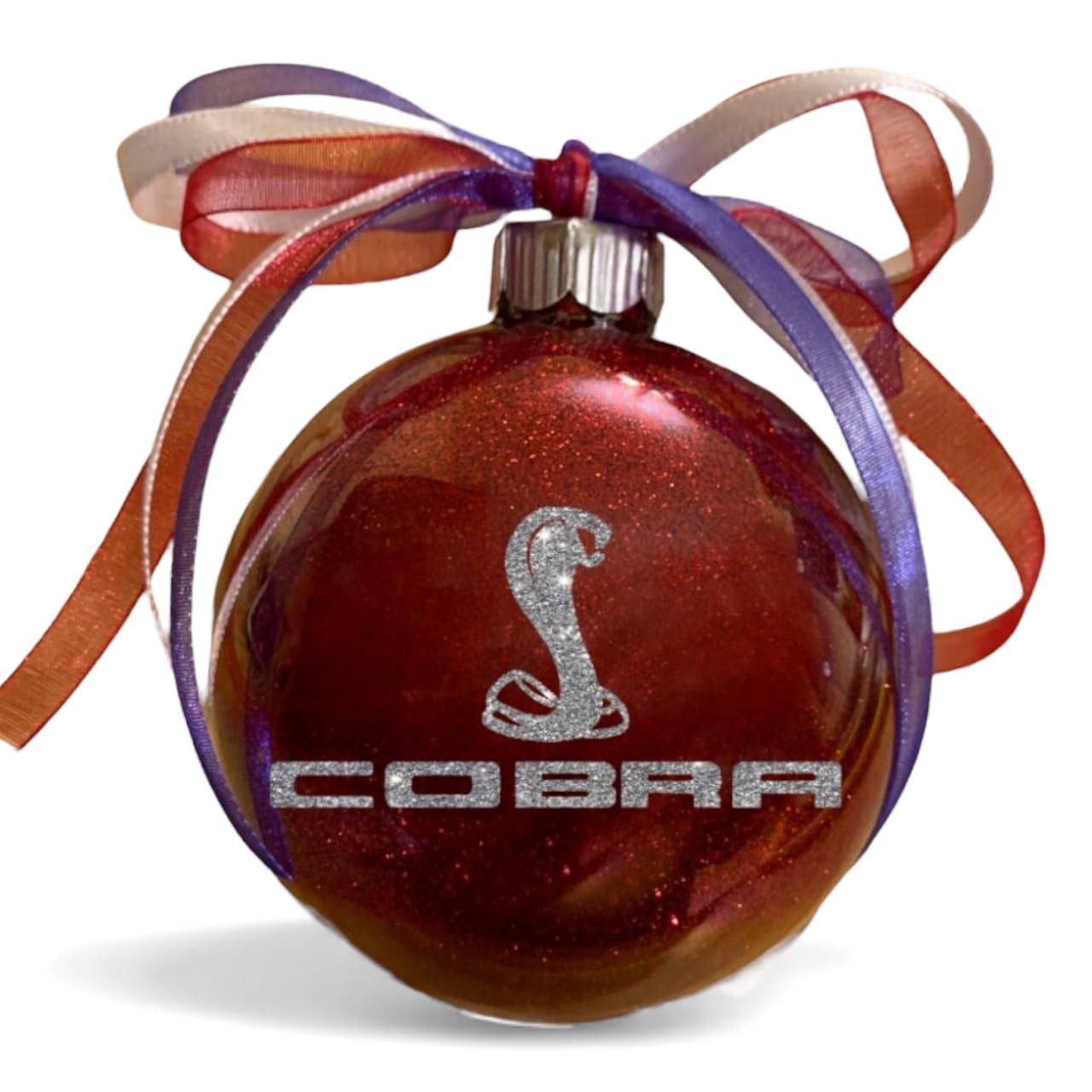 Mustang Cobra red Glitter Glass Christmas Ornament front view