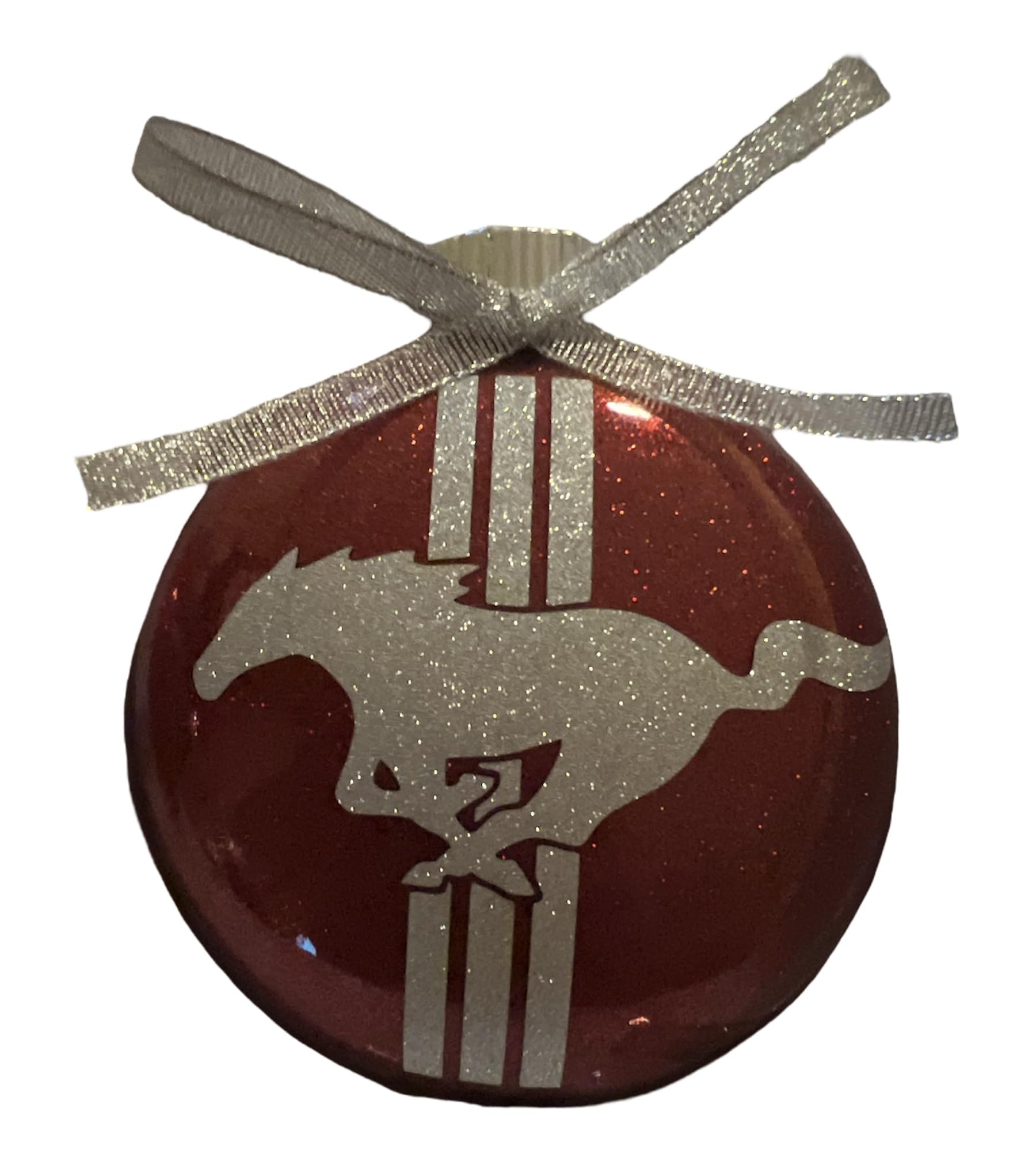 Mustang red Glitter Glass Christmas Ornament 4 inch round flat with red glitter inside