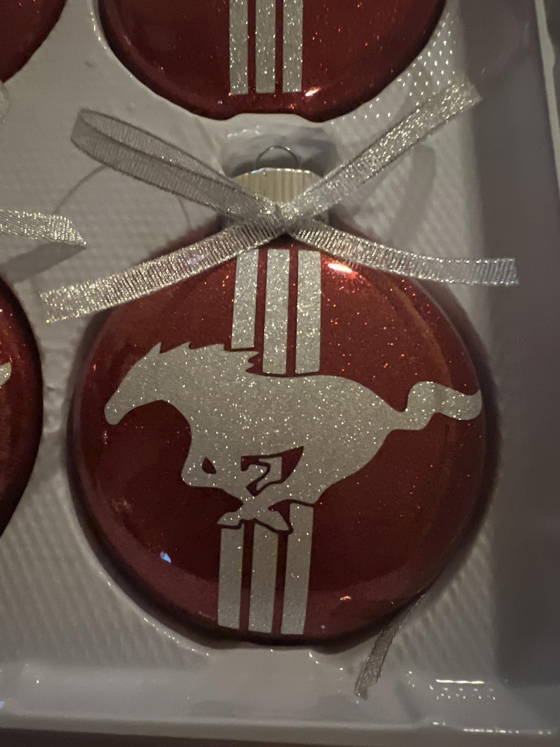 Mustang red Glitter Glass Christmas Ornament with silver glitter accents and silver ribbon