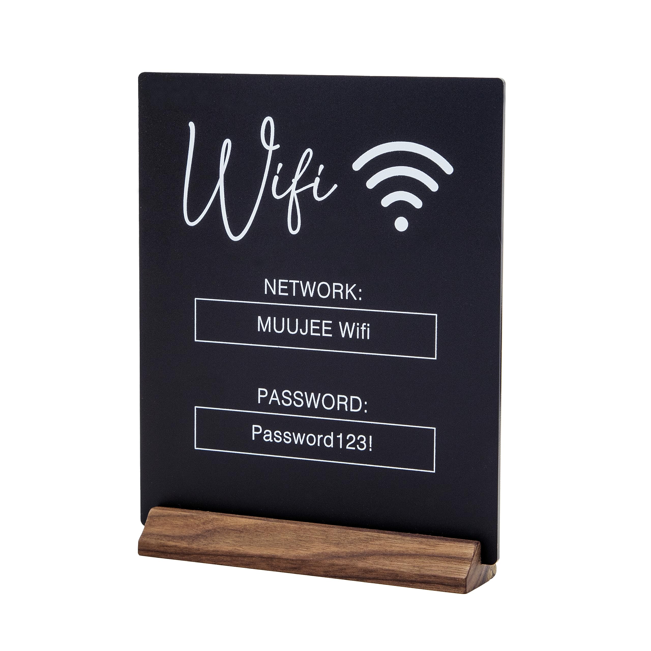 MUUJEE Custom WiFi Password Sign with Walnut Wood Stand on desk