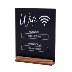MUUJEE Custom WiFi Password Sign with Walnut Wood Stand on desk