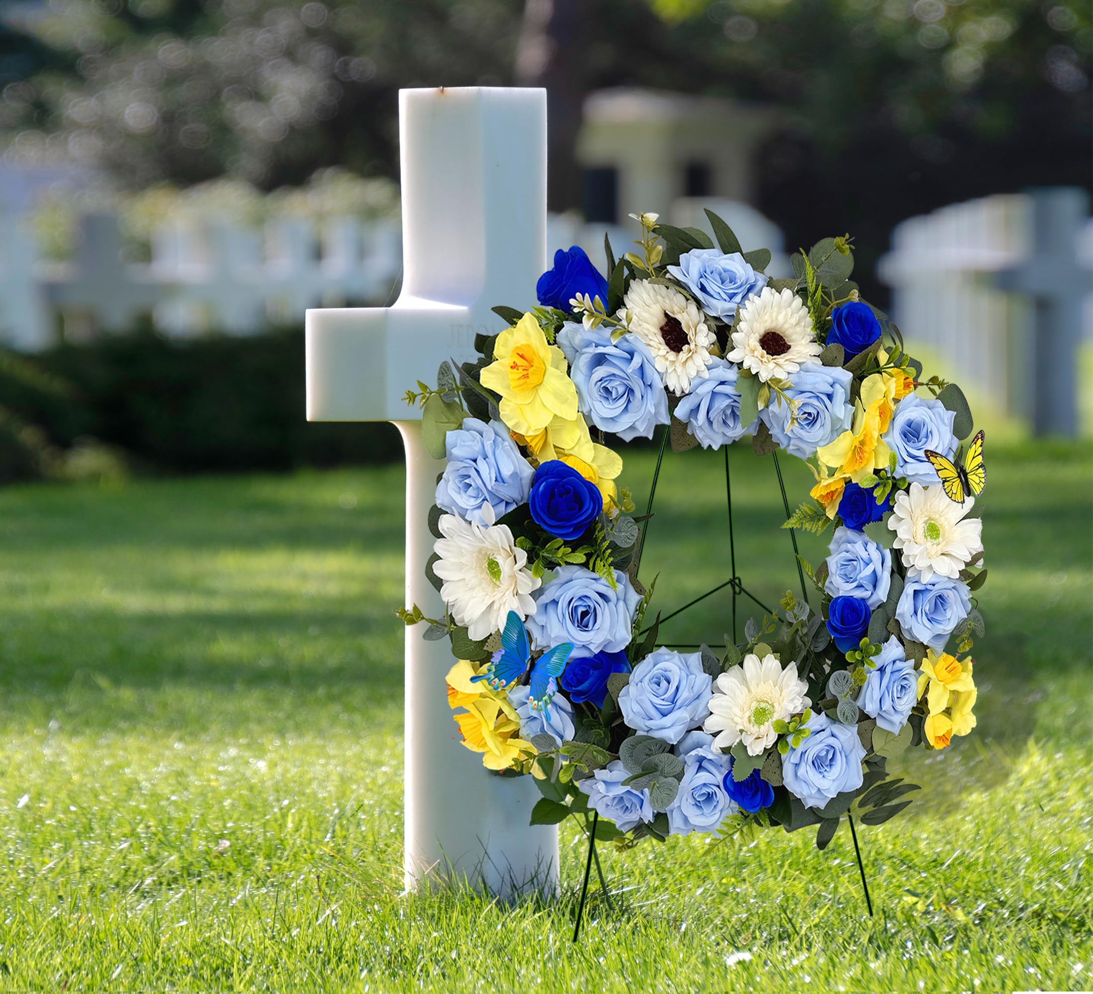 Blue cemetery wreath with silk flowers for tombstone