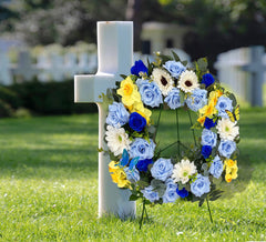 Blue cemetery wreath with silk flowers for tombstone