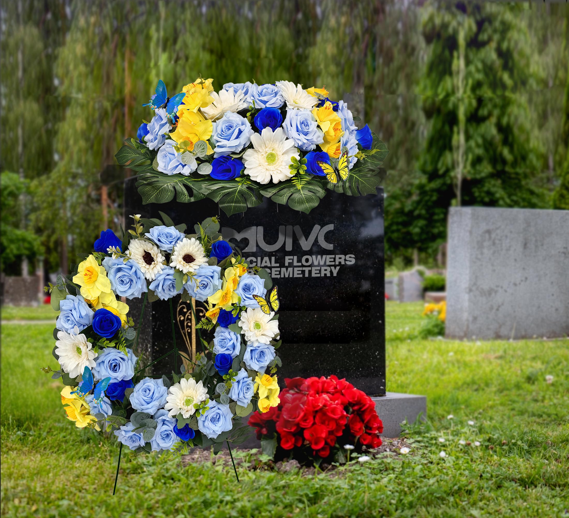 MUVIC cemetery wreath display ready for tombstone