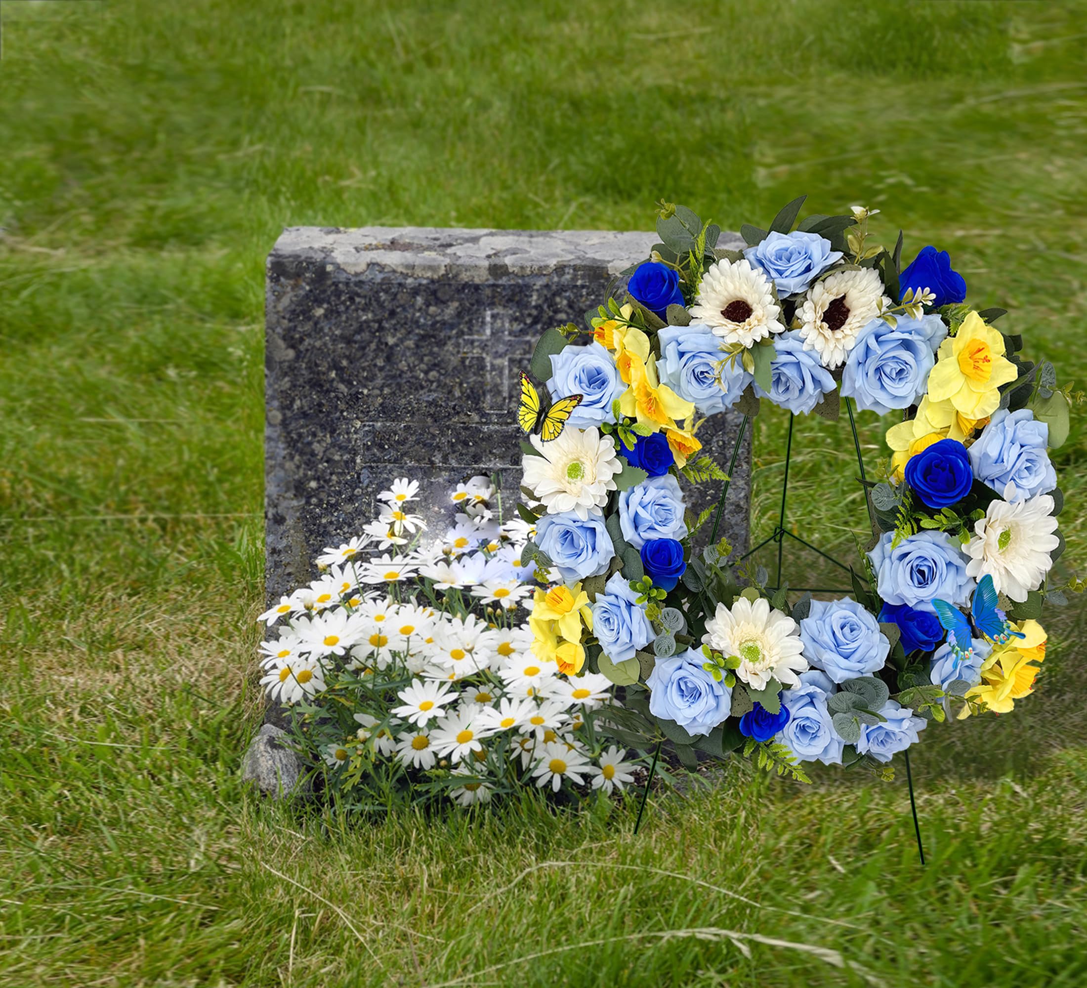 Vibrant blue white yellow floral wreath