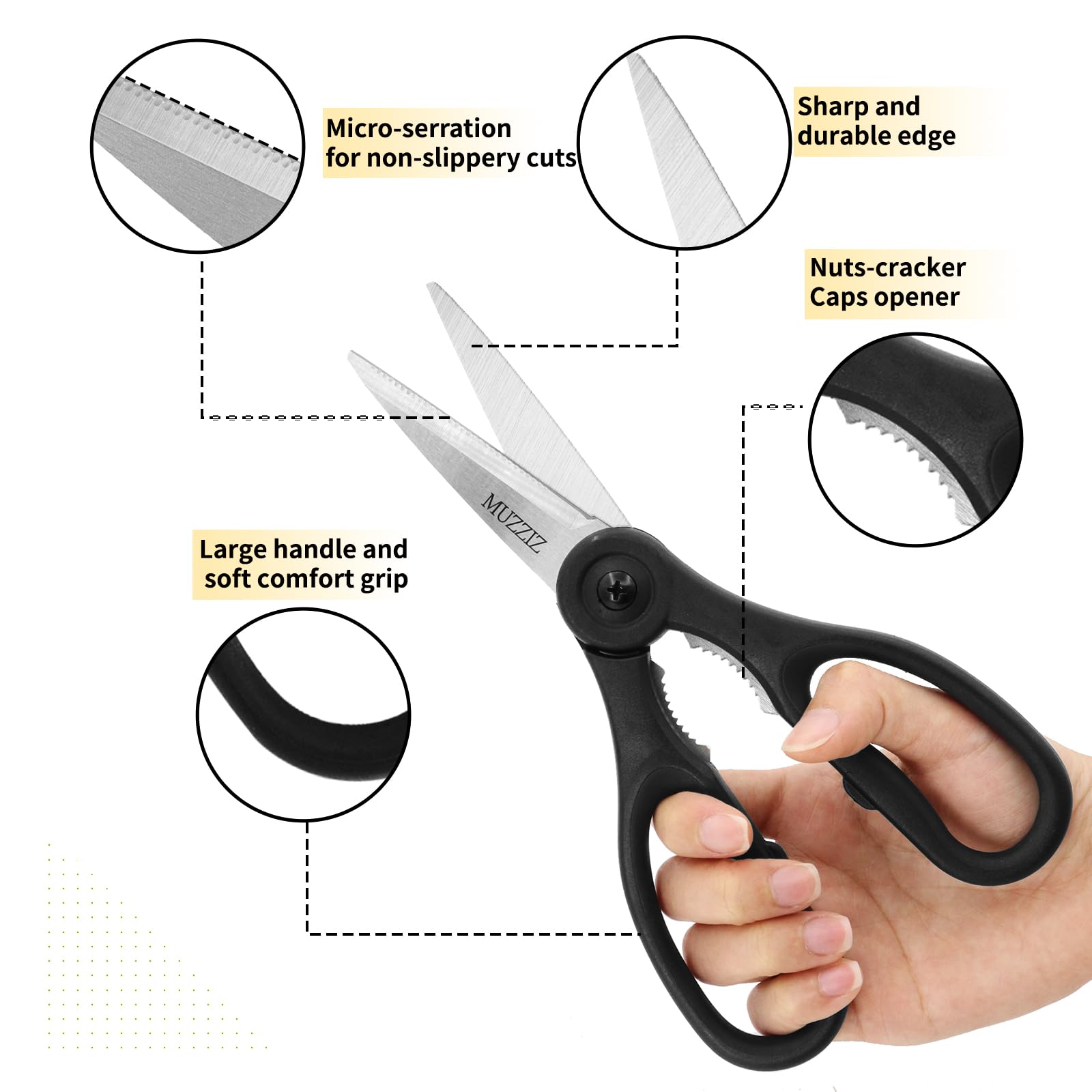 Ambidextrous soft grip handles on Muzziz kitchen scissors