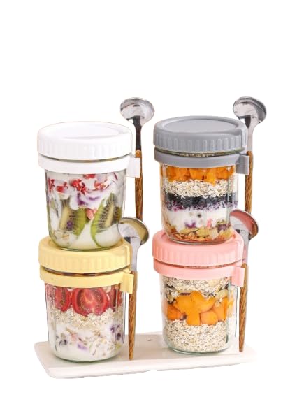 MWTOWM glass jars with spoon 350ml set on white background