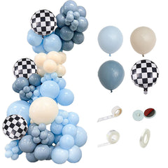 MYDECORBL Race Car Balloons Arch Kit main colors Macaron Blue Smoke Blue Natural Sand Checkered