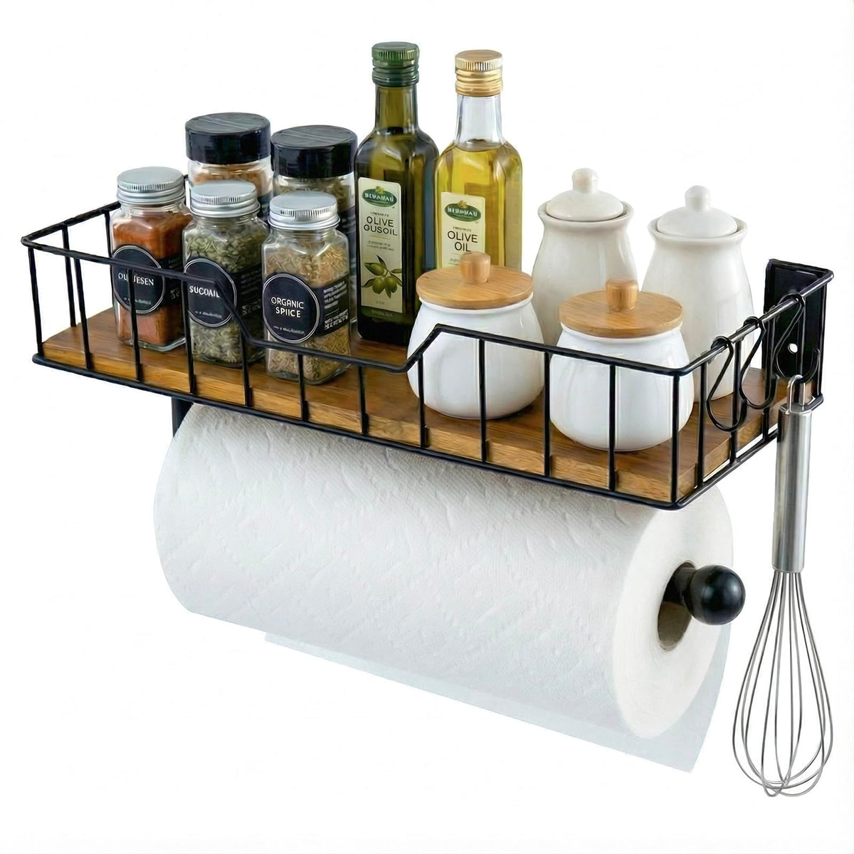 MyGift wall mounted paper towel holder with acacia wood shelf and 3 hooks