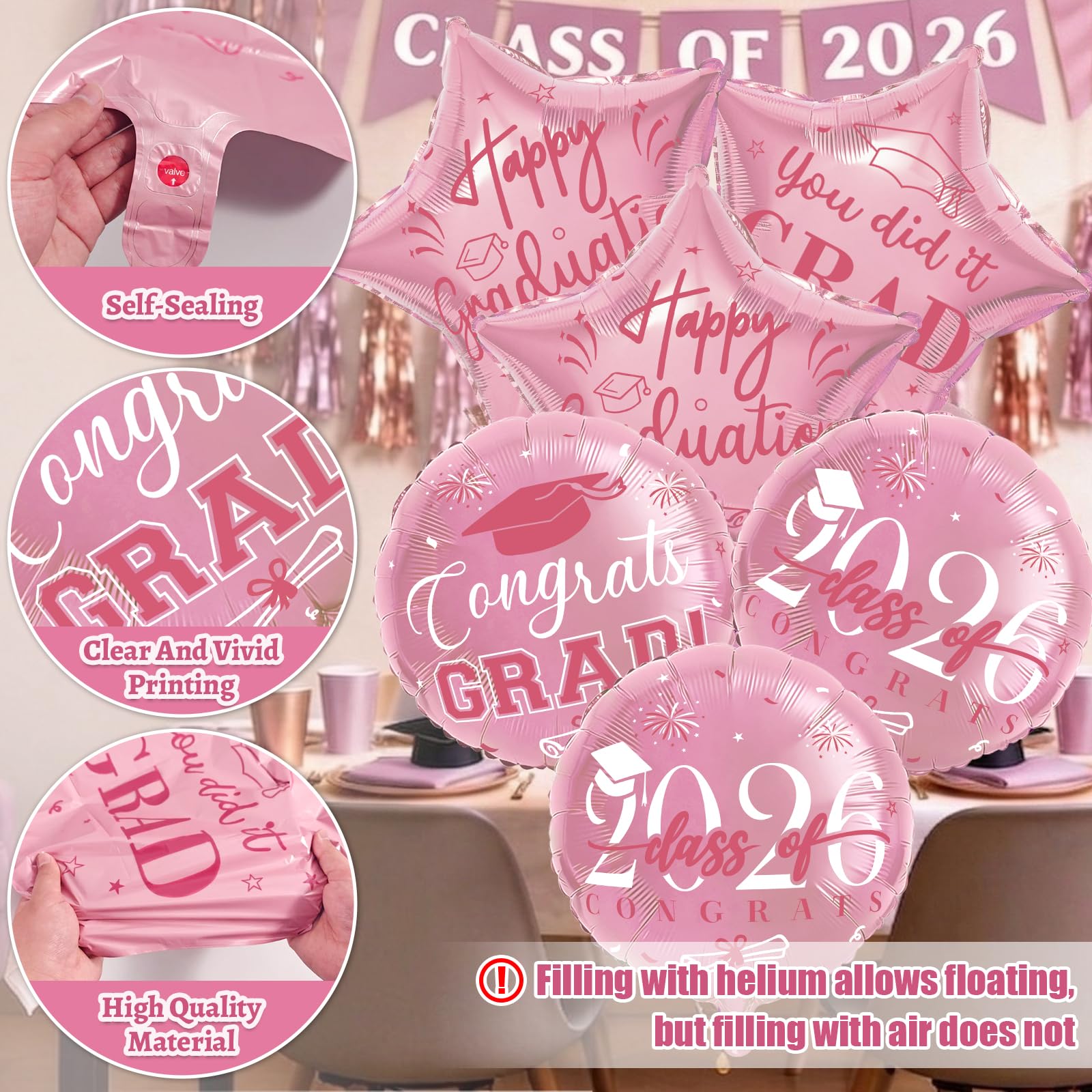 Mylar graduation balloons rose gold set