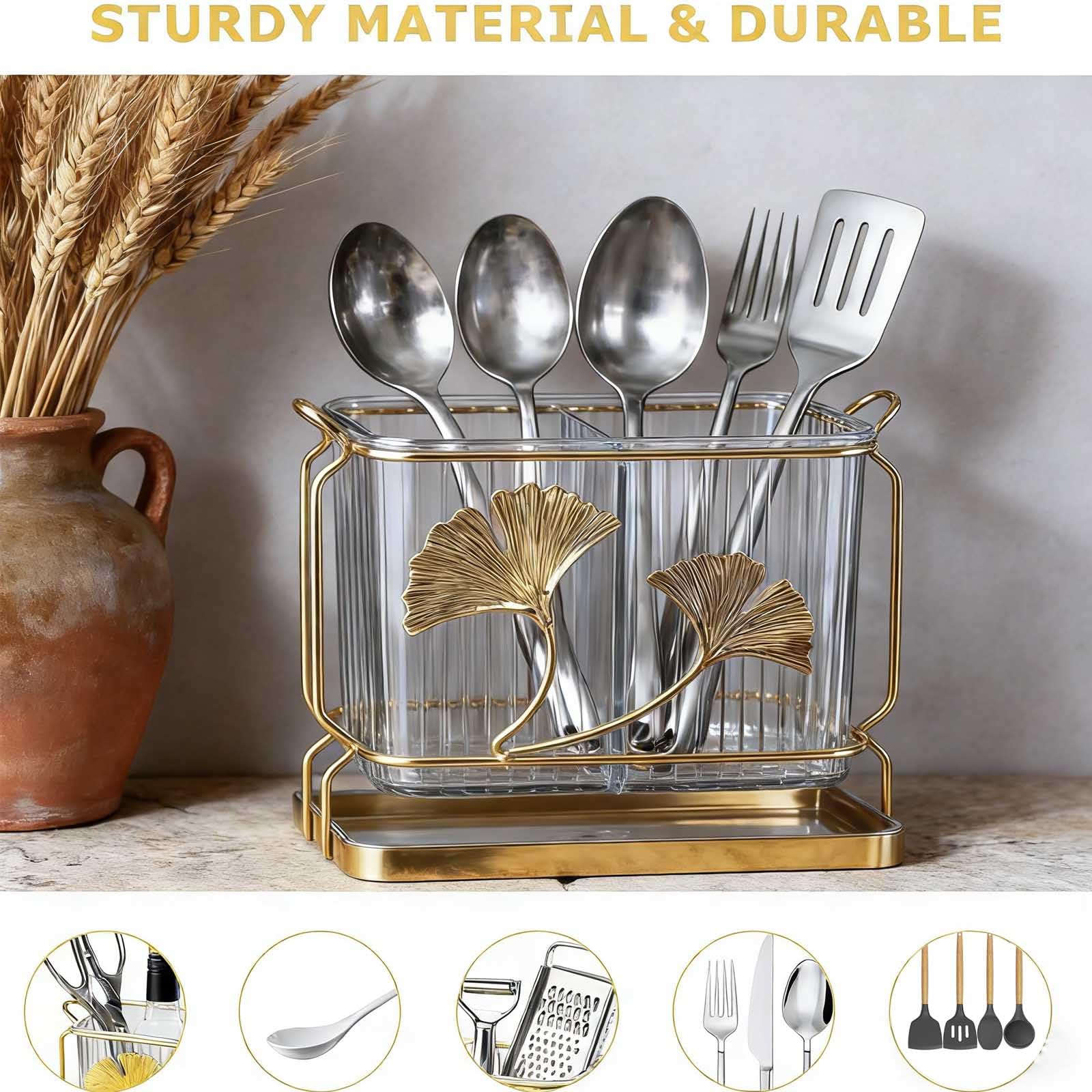 Gold frame with ginkgo leaf accents on utensil holder