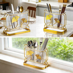 Clear silverware organizer with drainage holes and drip tray