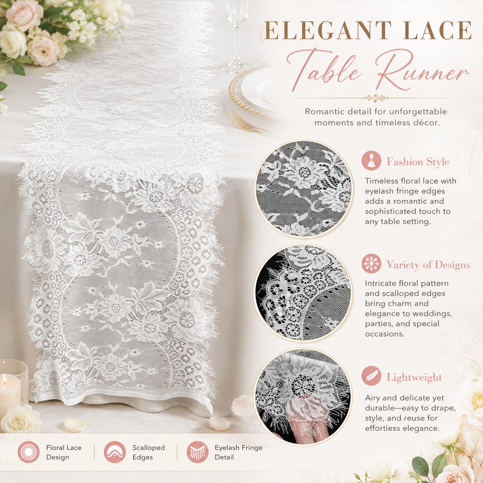 Bulk 20pc lace table runners on dining table setup