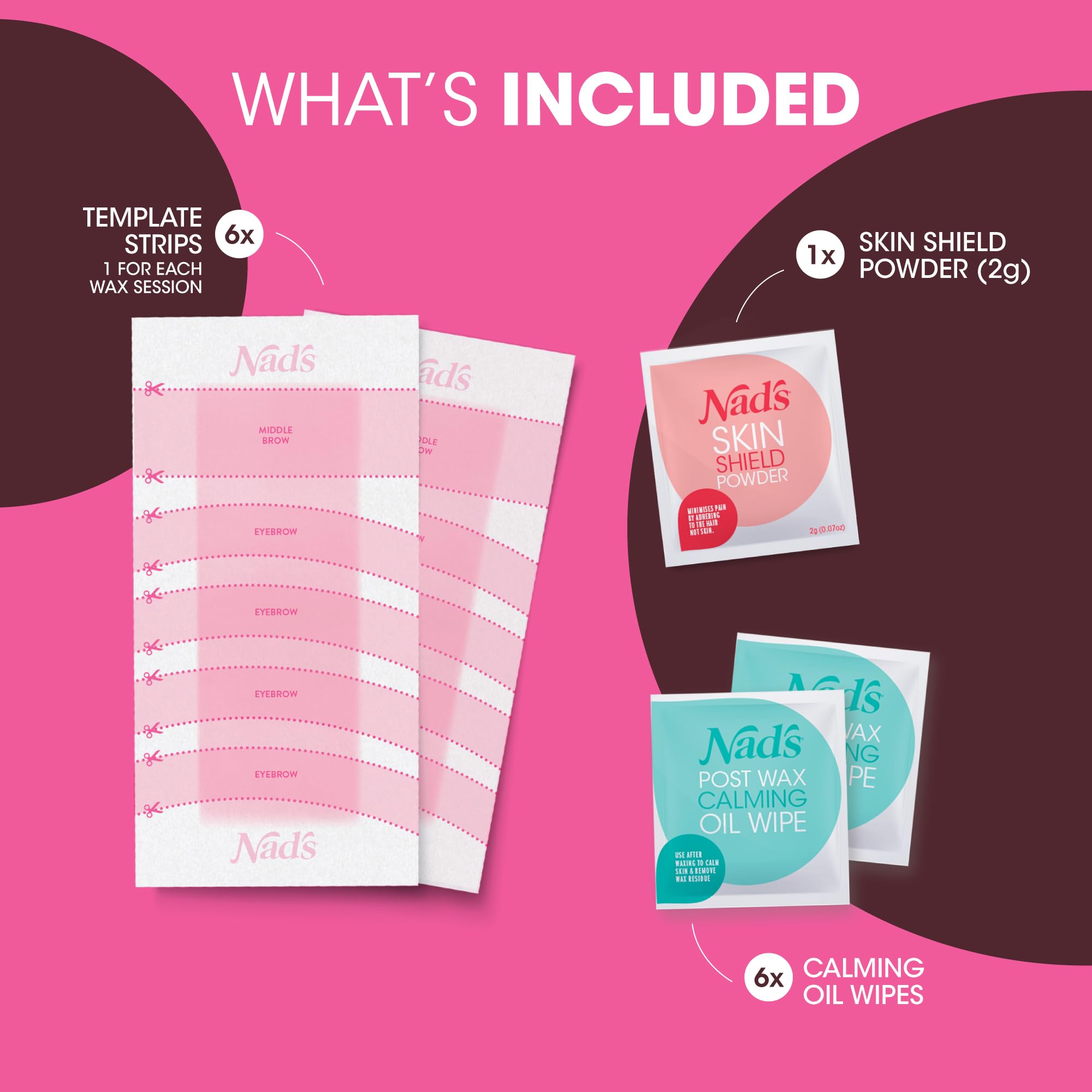 Packaging showing Nad's Eyebrow Wax Strips 6 Ct at-home kit