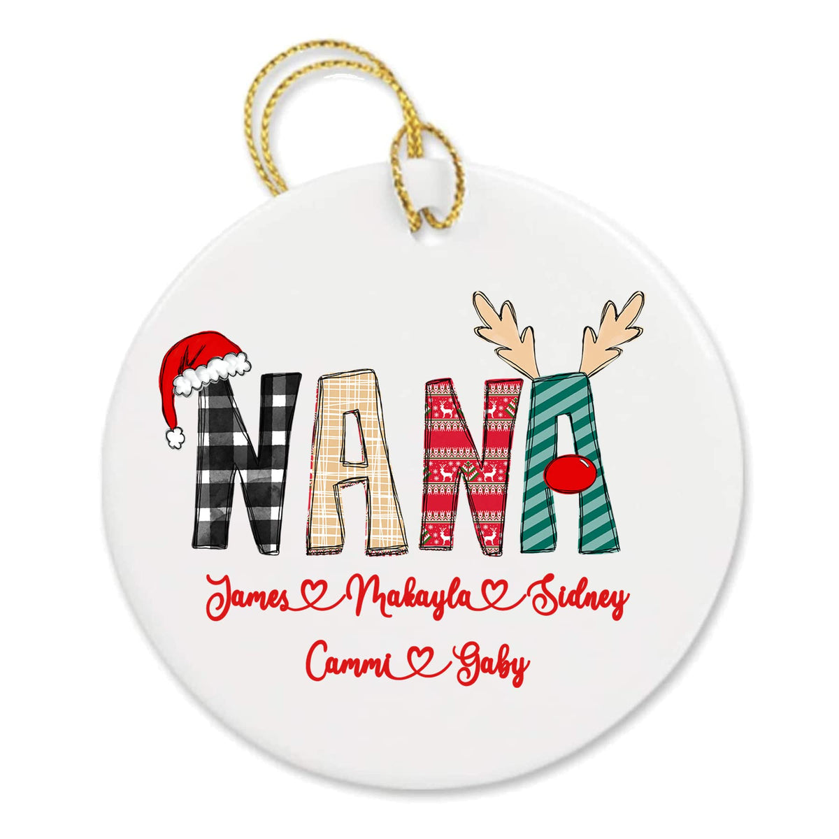 Nana Personalized Christmas Ornament 3 inch diameter with Grandchildren's Names and a gold ribbon for hanging