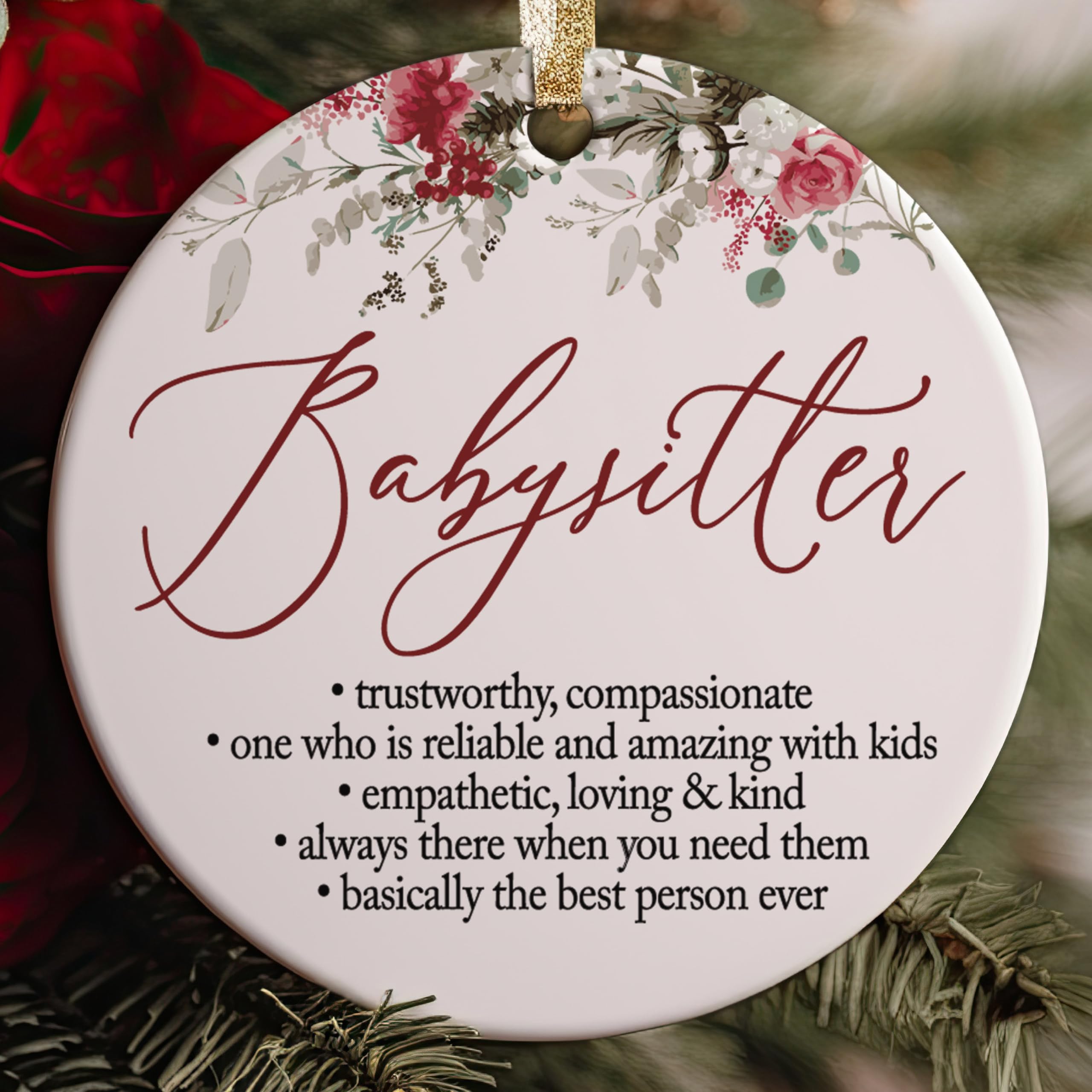 Nanny Au Pair ornament with red and gold gift Ribbon packaging