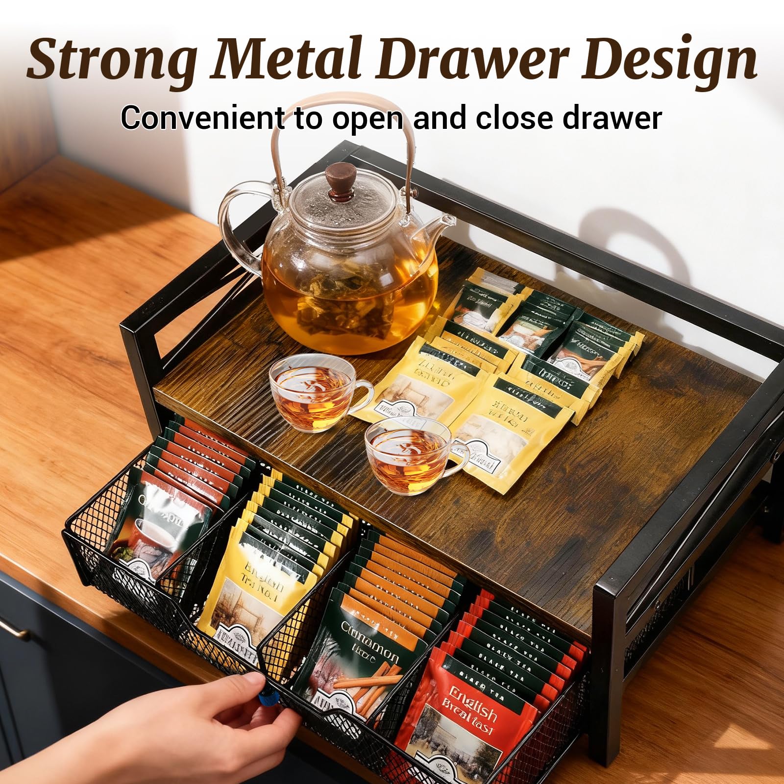 Elegant farmhouse style tea bag organizer for kitchen counter