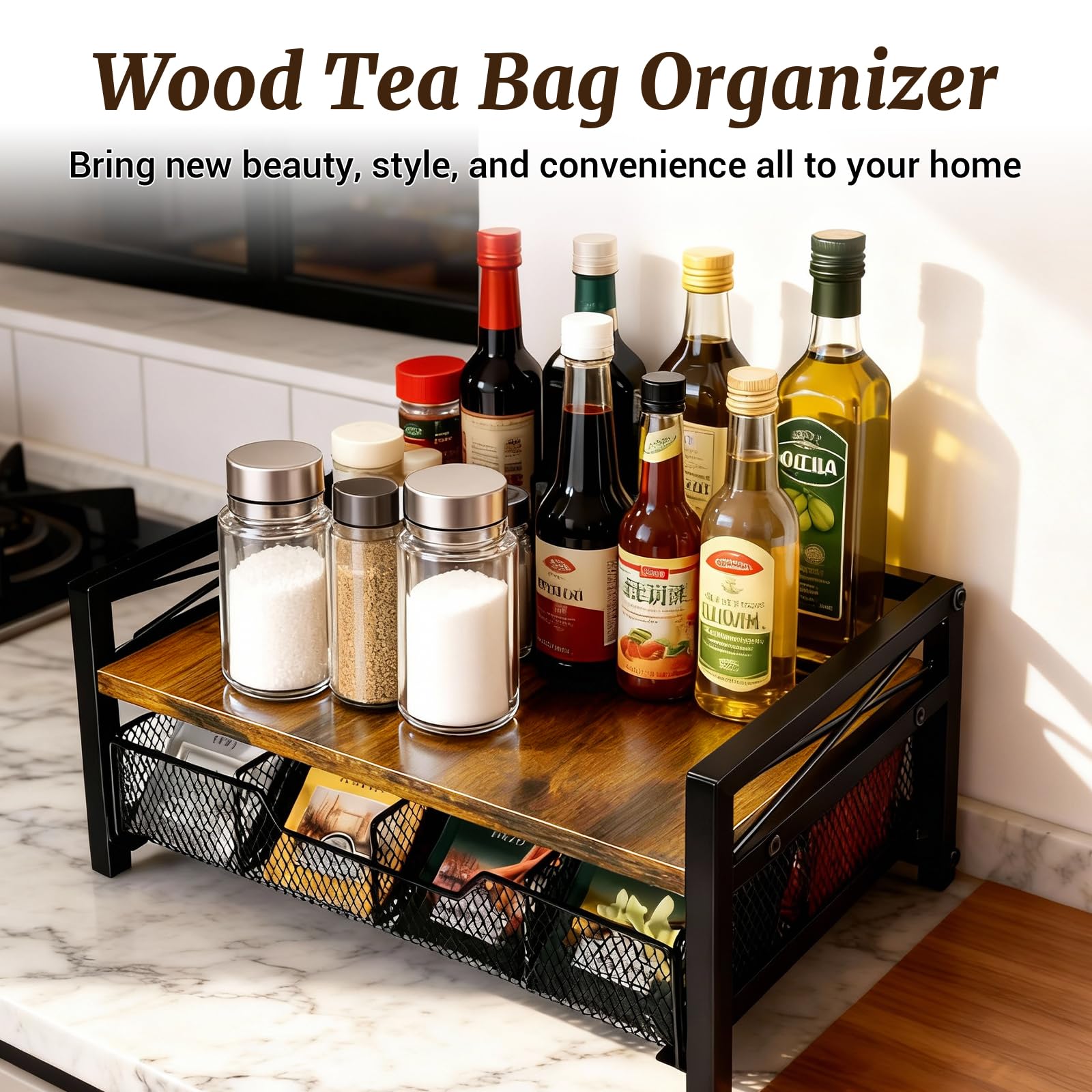 Compact multi-functional tea station chest for countertop storage
