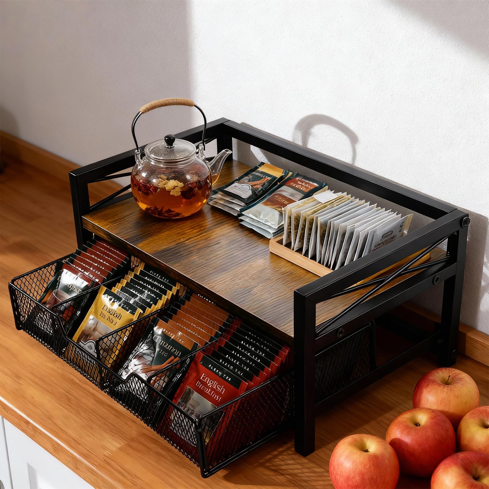 Wood tea box organizer designed for tea bags and accessories