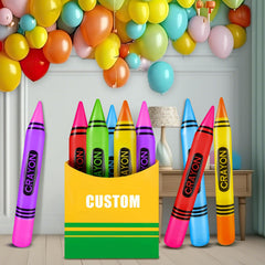 Overall party decor set including crayons paper box balloons and stickers for birthdays