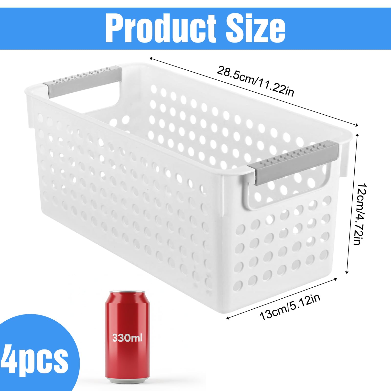 Set of 4 slim storage baskets with handles in white