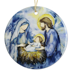Nativity Ornament flat ceramic with Baby Jesus and nativity figures