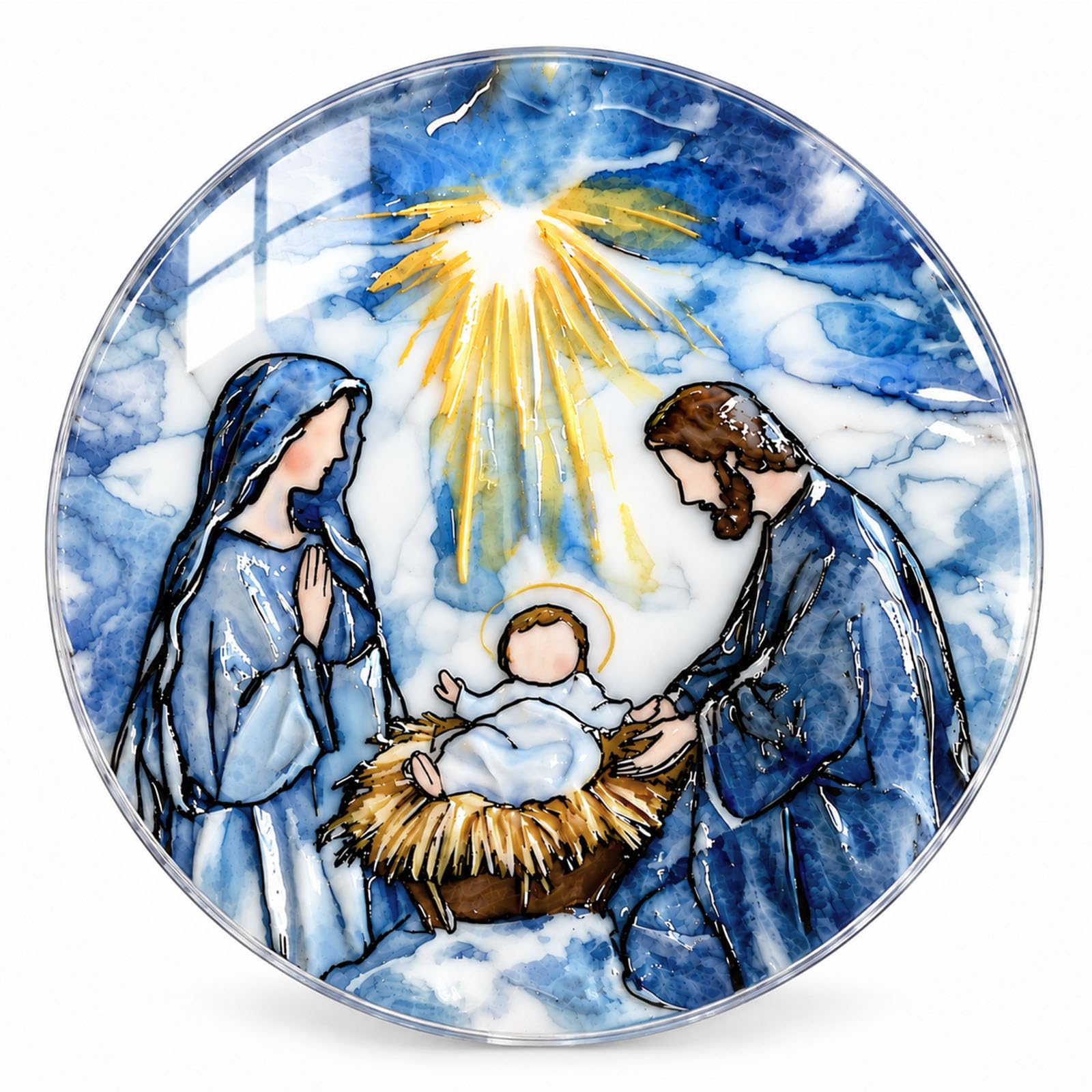 Holy Family nativity on round blue white gold acrylic magnet