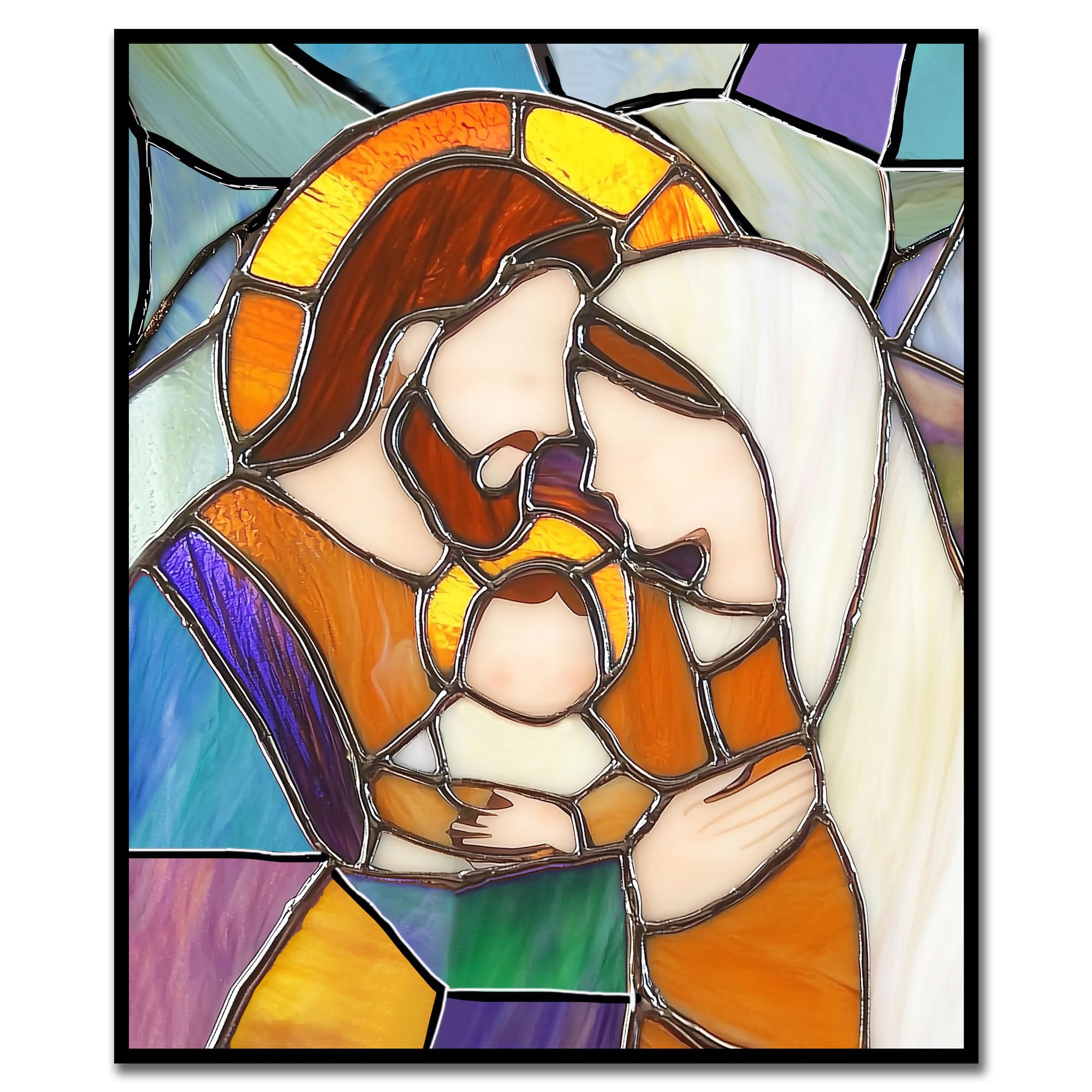 Nativity stained glass inspired magnet featuring Mary Joseph and Baby Jesus