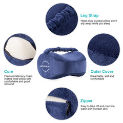 Knee pillow with leg strap maintains alignment during sleep