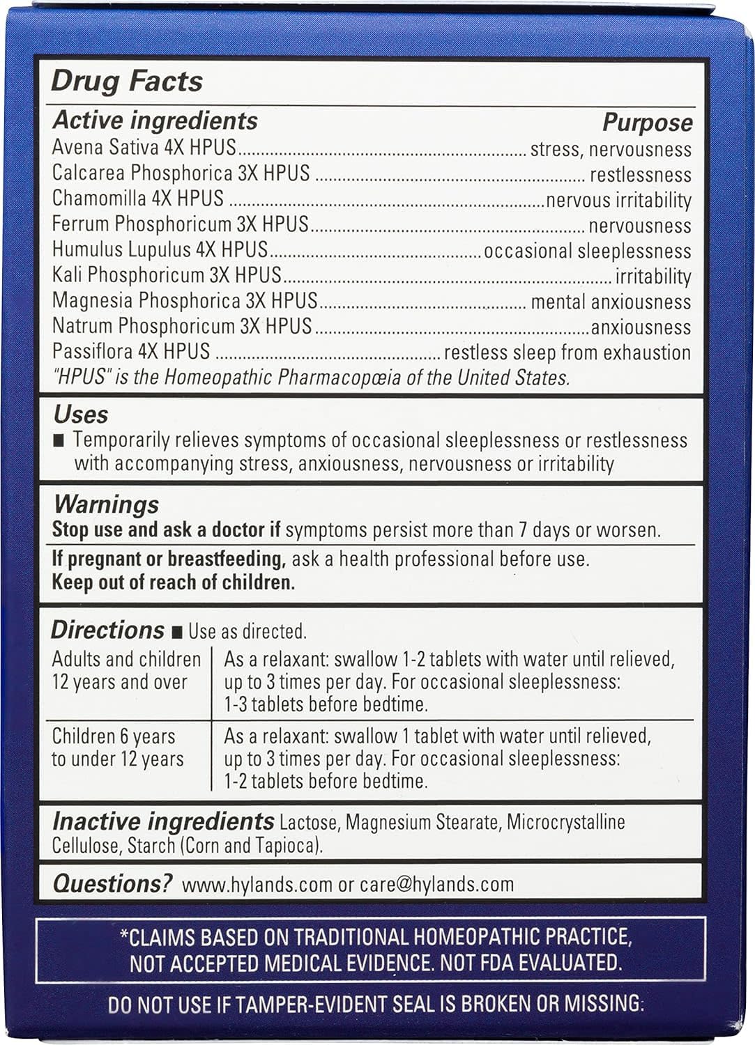 Natural active ingredients Hyland's Calms Forte packaging