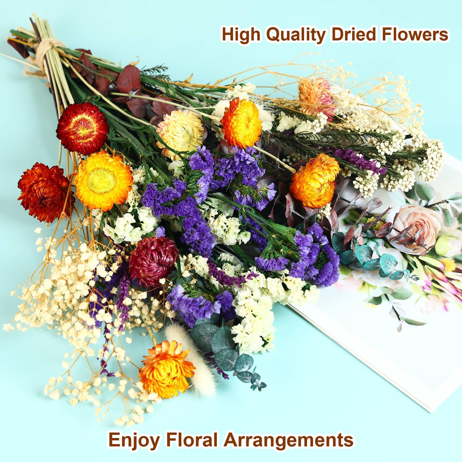 Dried bouquet featuring eucalyptus strawflowers babys breath and lavender