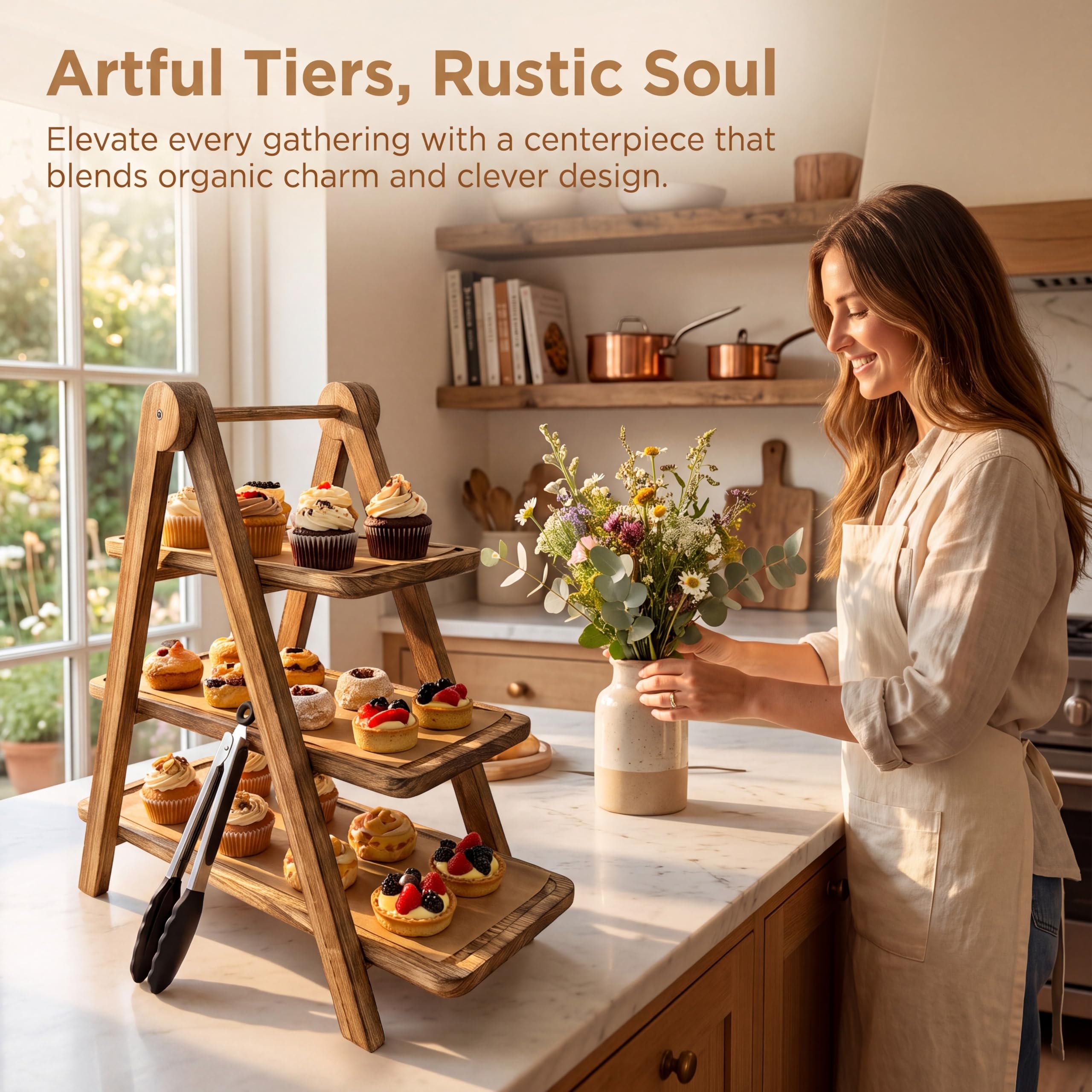 Natural solid wood serving stand with warm grain finish