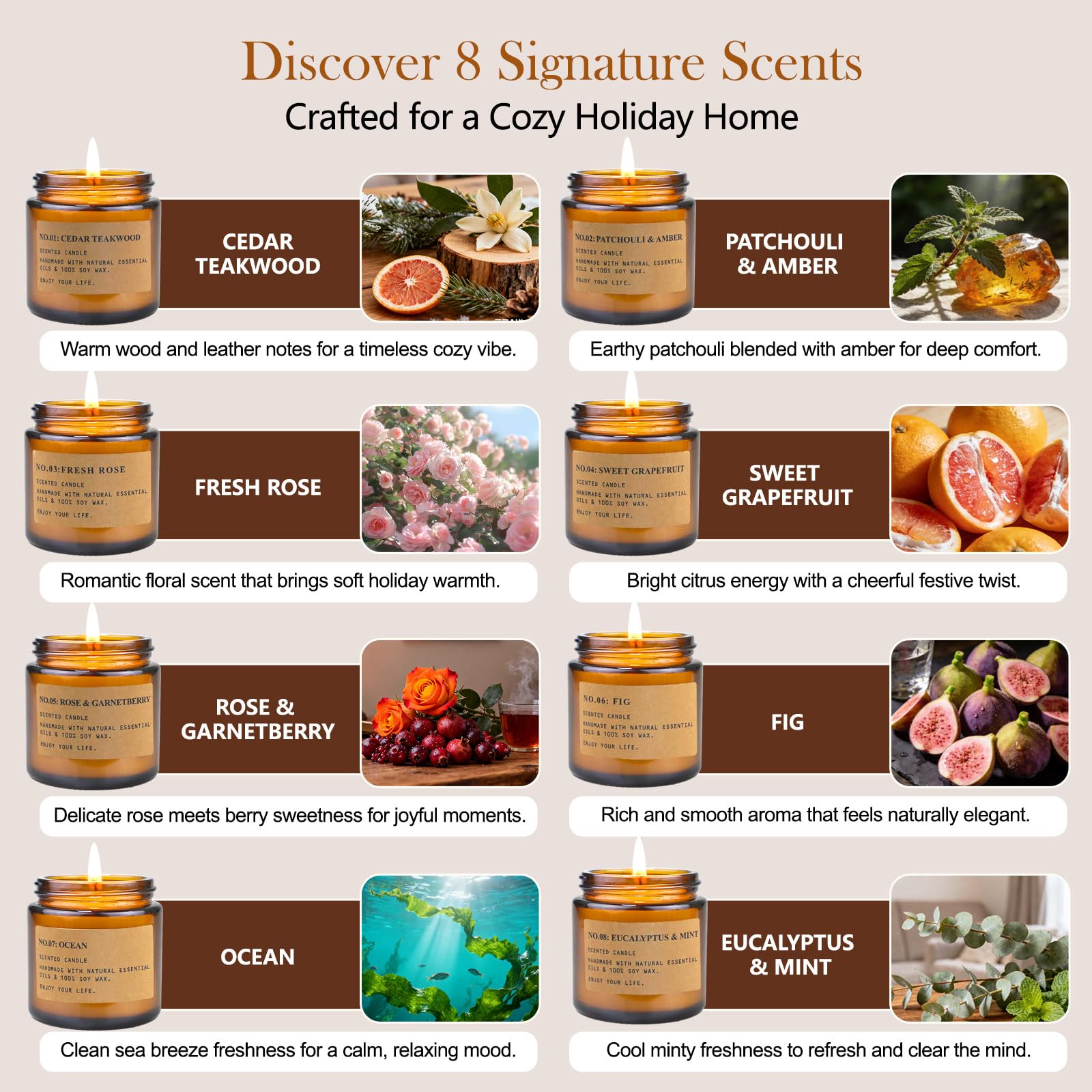 100% natural soy wax with lead-free wicks for clean burn