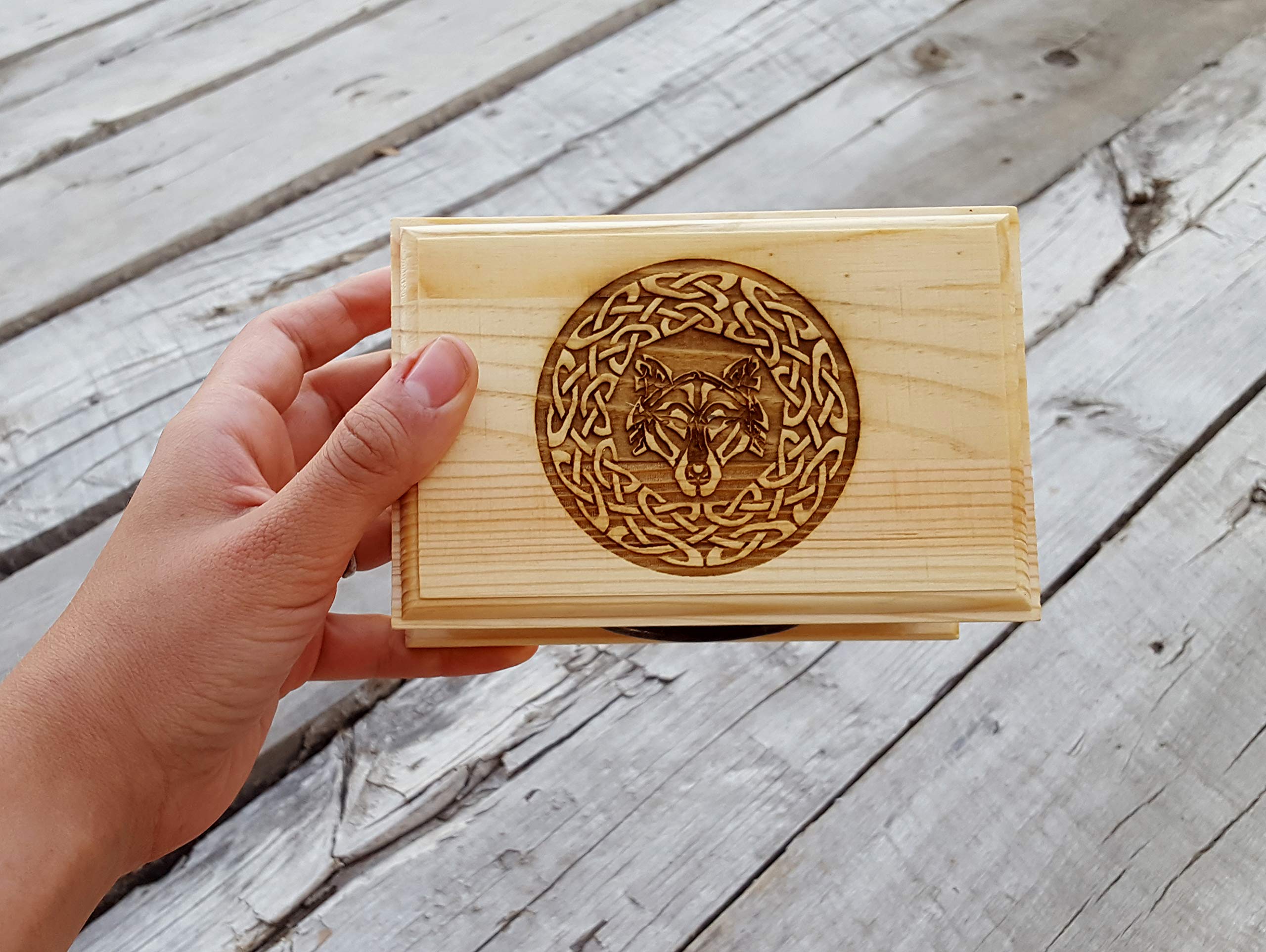 Brass-toned clasp and hinges on Celtic Wolf Wooden Box