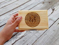 Brass-toned clasp and hinges on Celtic Wolf Wooden Box