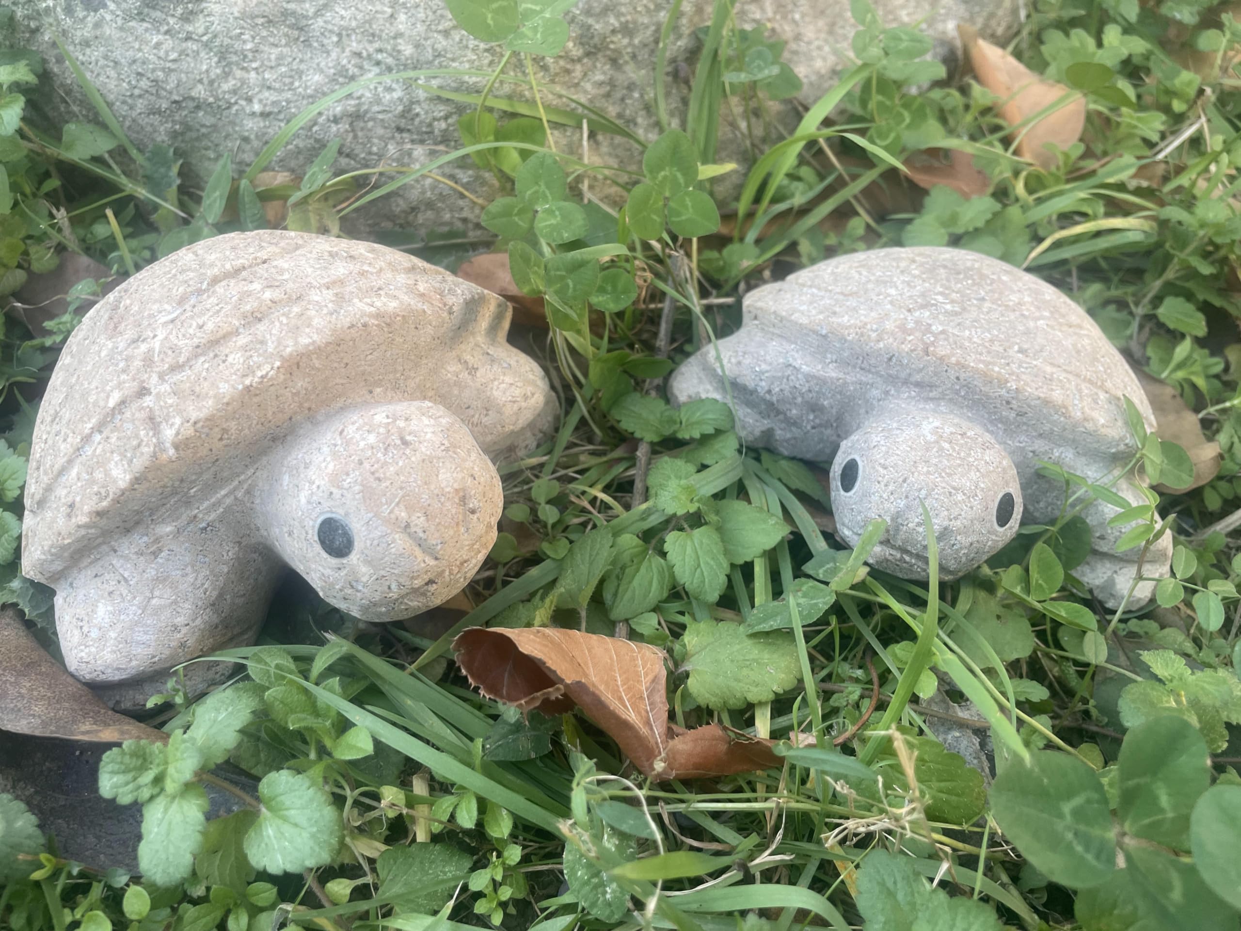 Stone turtle sculpture with distinct granite coloration