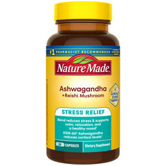 Bottle of Nature Made Ashwagandha KSM 66 Reishi capsules