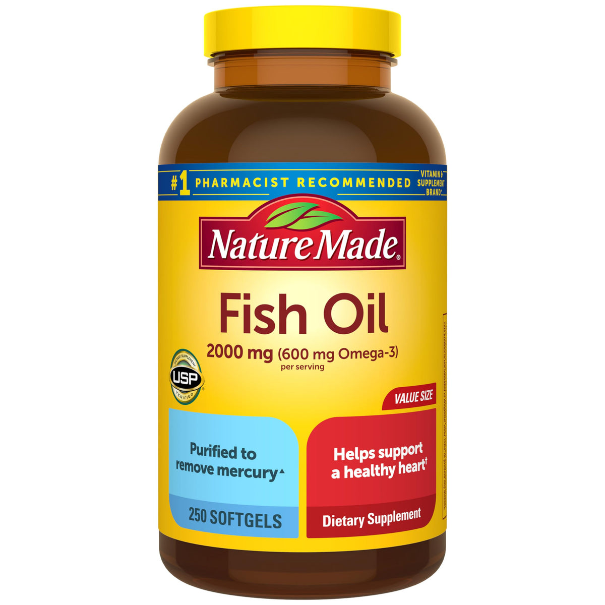 Nature Made Fish Oil Omega 3 Supplements bottle with 250 softgels