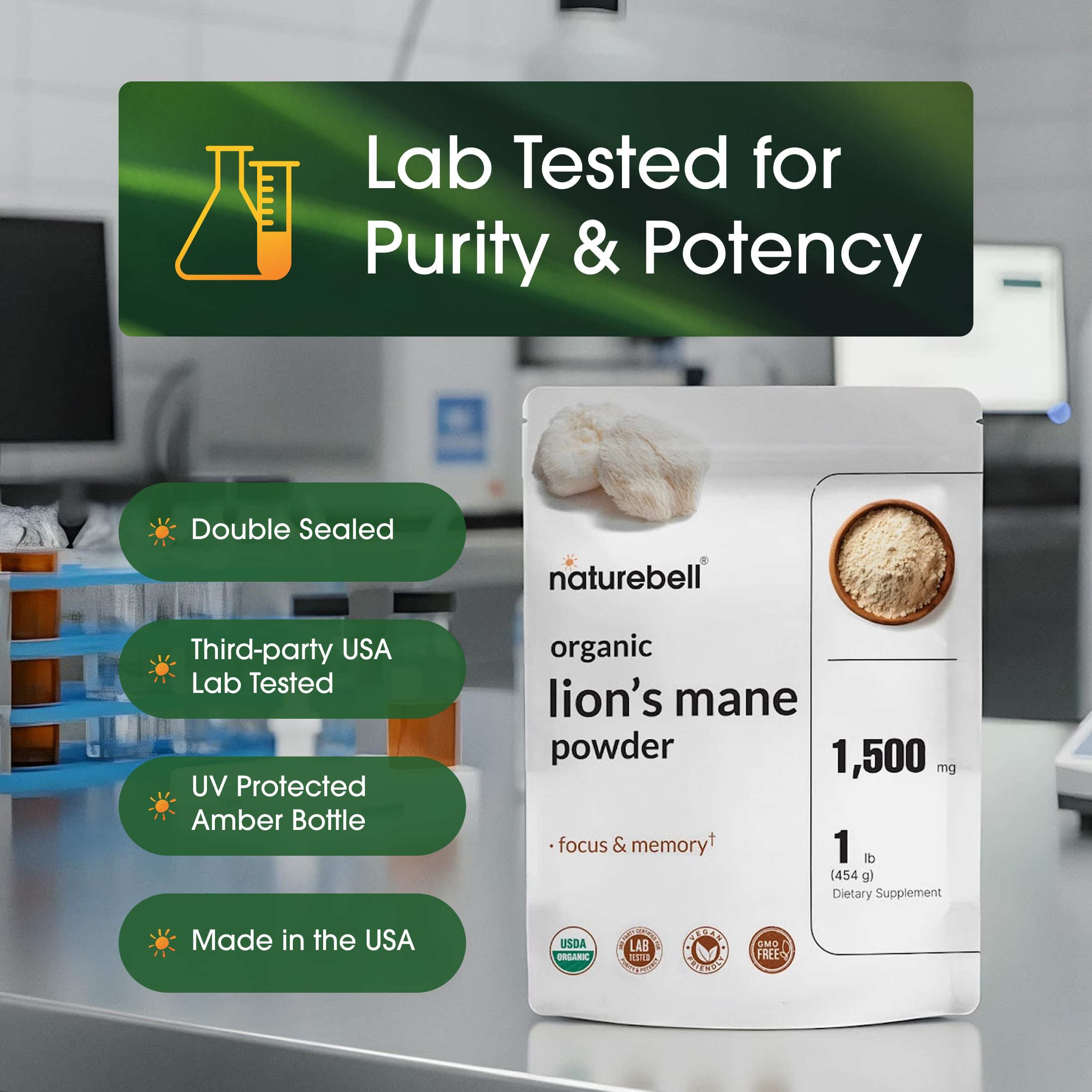 Third-Party Tested NatureBell Organic Lion’s Mane Powder