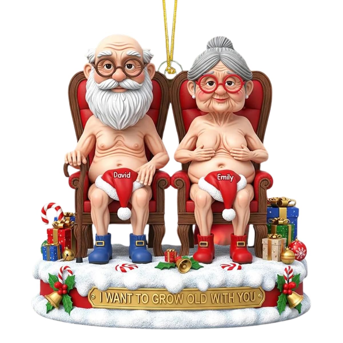 front view naughty old couple christmas ornament