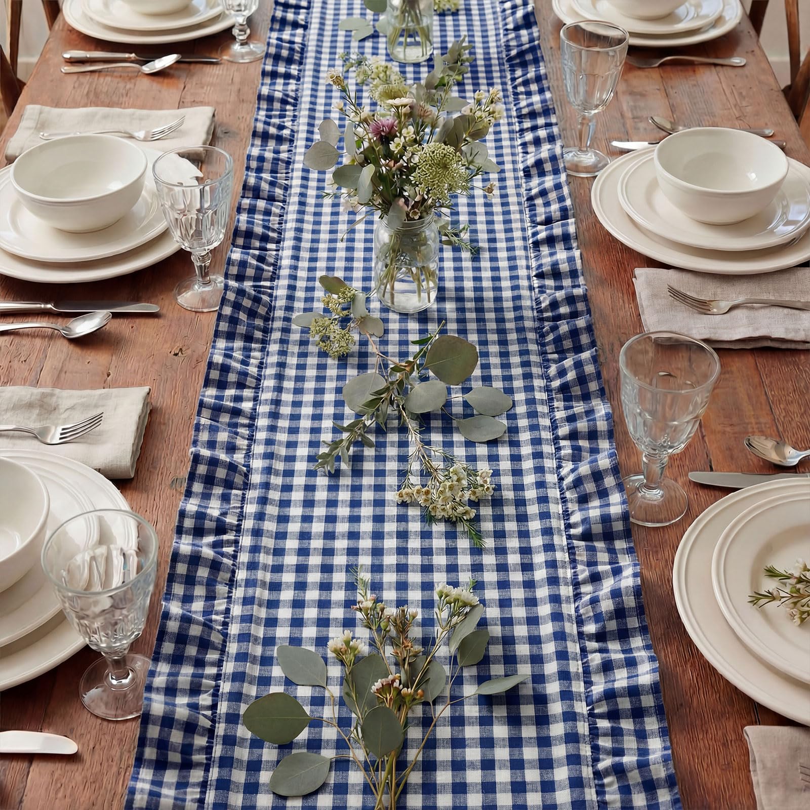Soft cotton farmhouse table runner navy blue