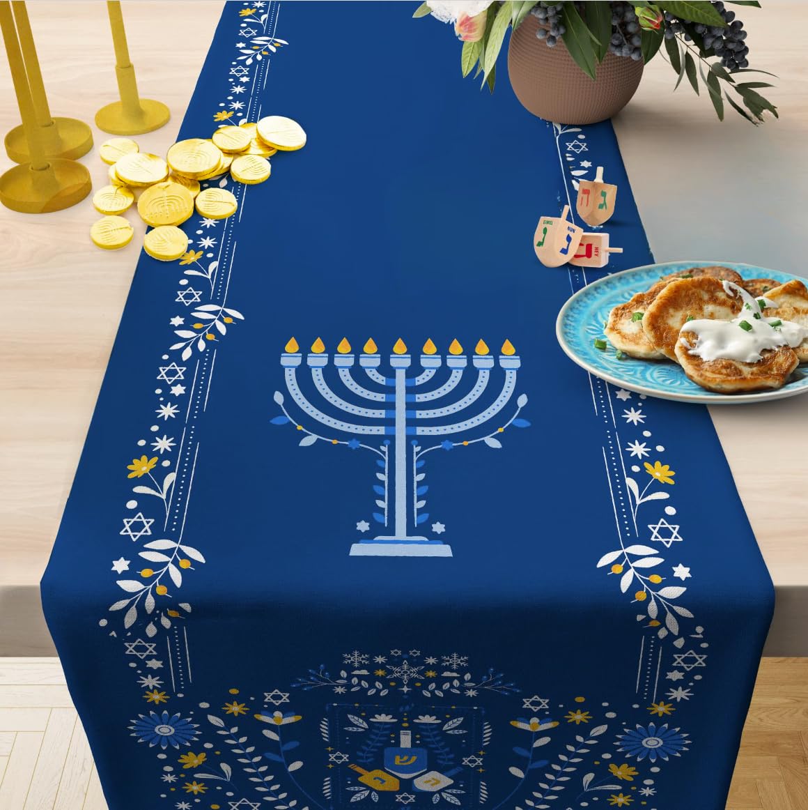 Navy Blue Hanukkah table runner 16x90 on display