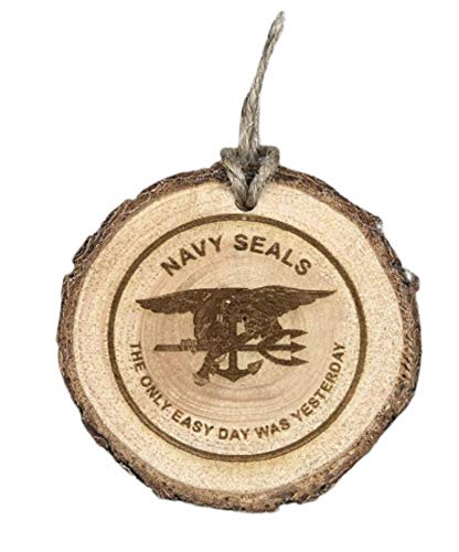 Navy Seal Logo wood burned ornament on pinon wood with jute hanger