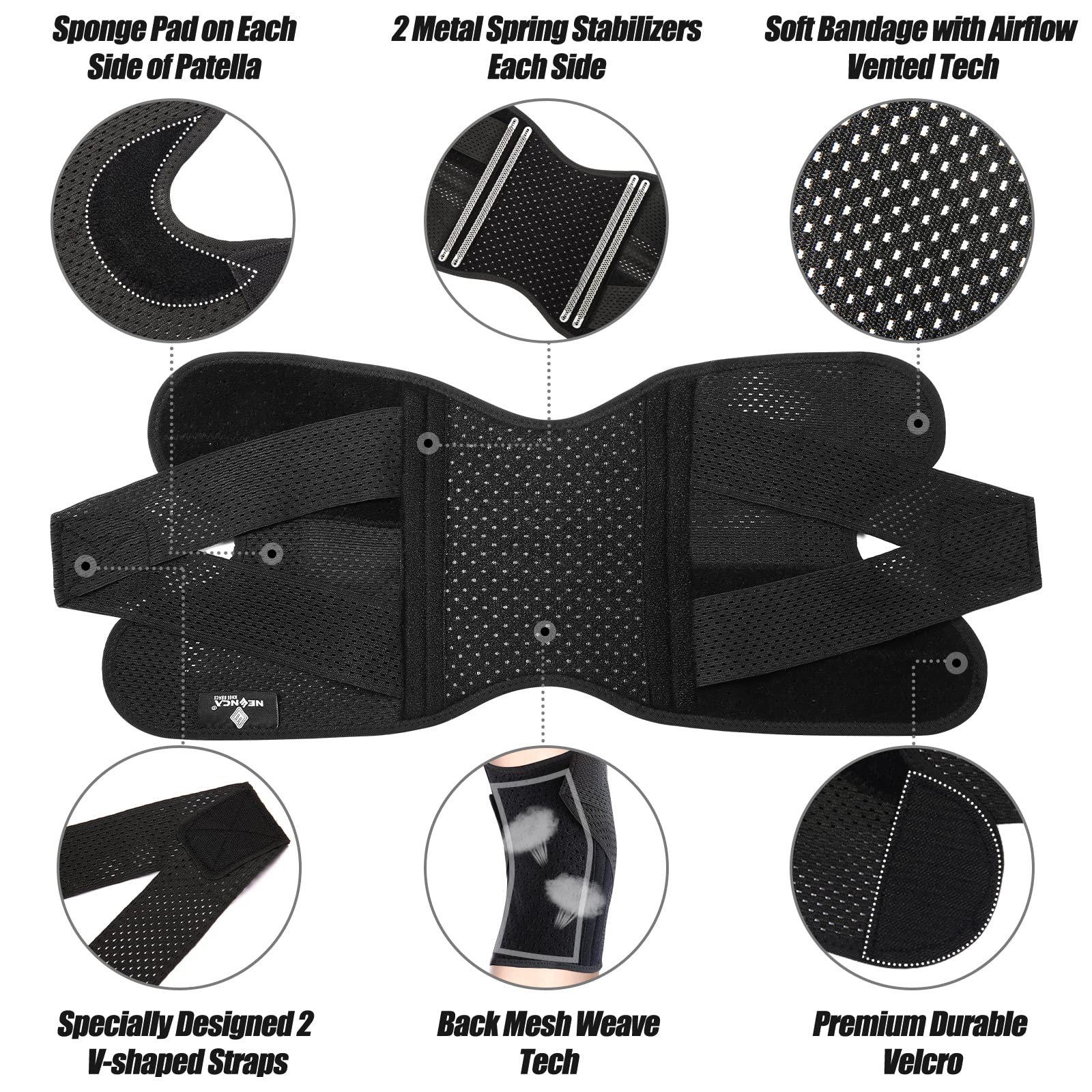 NEENCA knee support with air mesh fabric and stabilizers