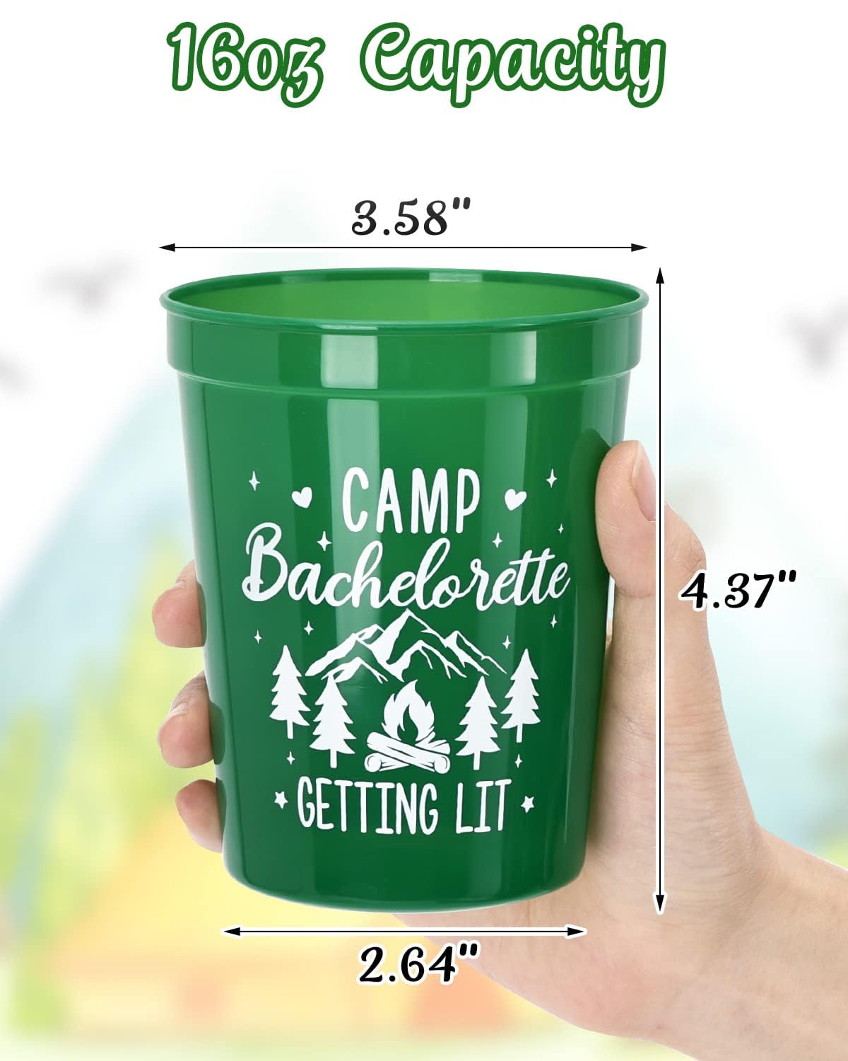 Bridesmaid green cups with Getting Lit text for camp bachelorette party by Nefelibata