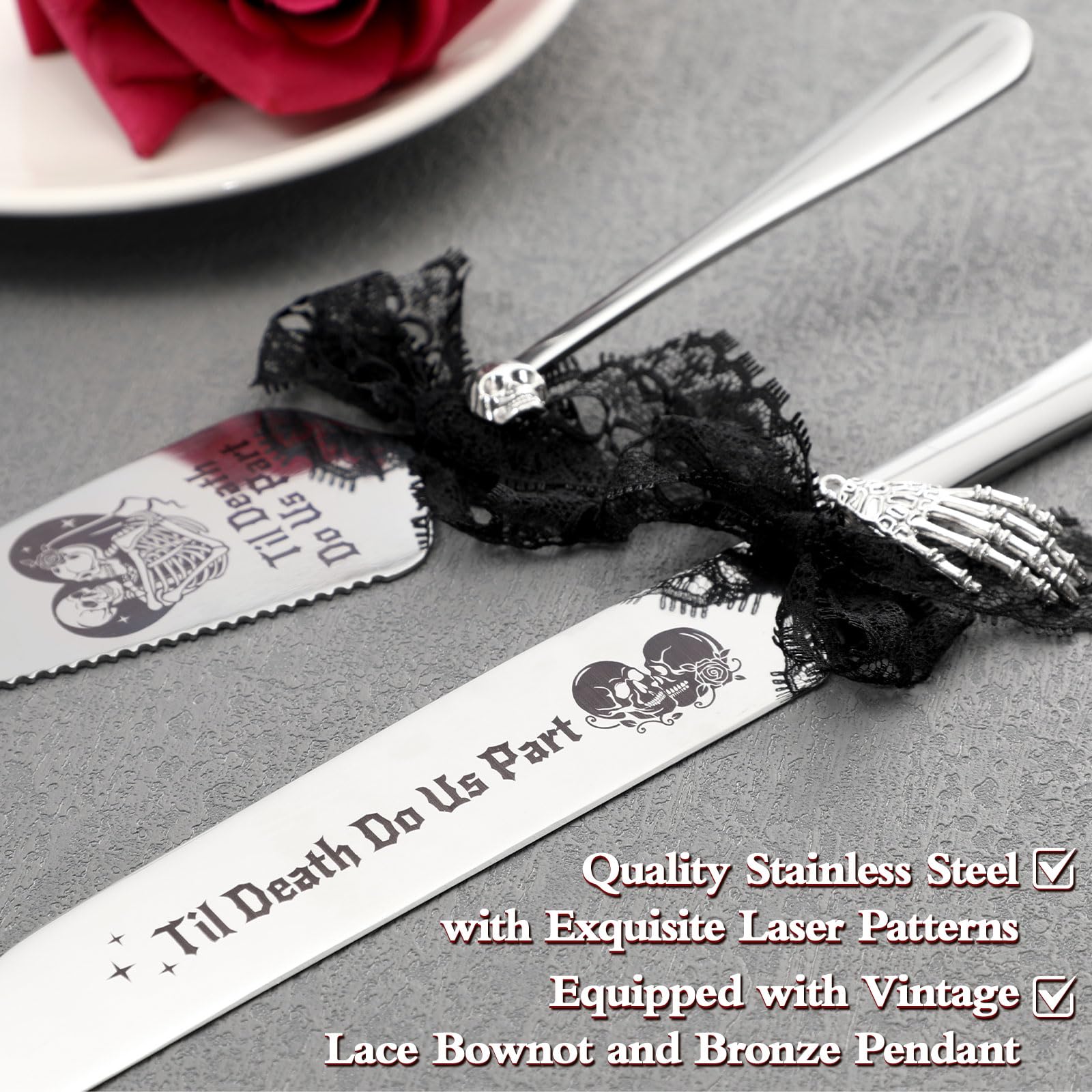 Cake knife and server blades engraved with bride and groom skull motifs
